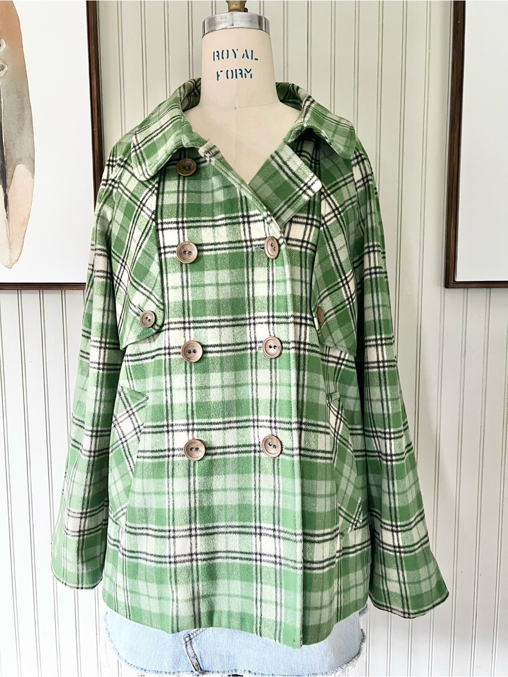 Epic by Lori Glazer Green Plaid Tartan Double Breasted Wool Coat